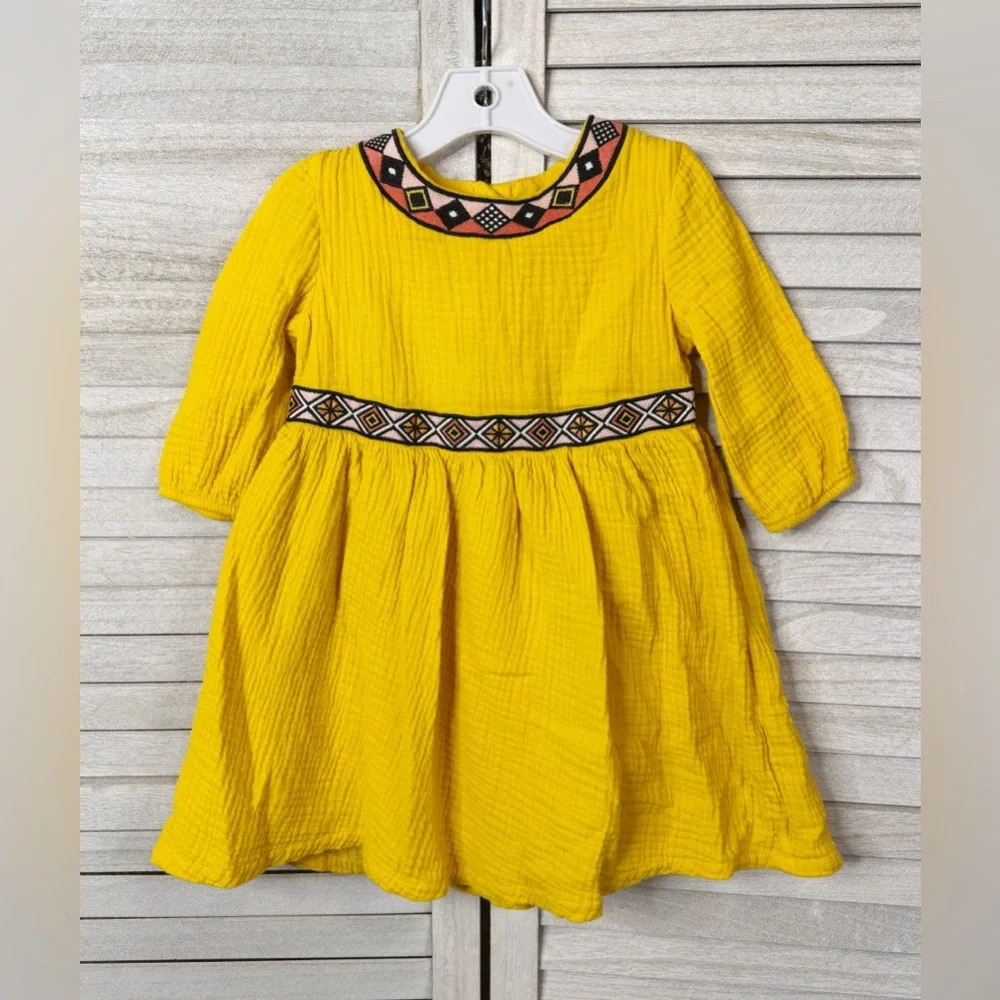 OshKosh B’gosh Mustard Yellow Gauze Dress. Embroidered Trim. 4T. Great Condition